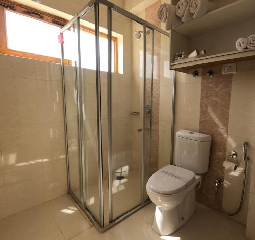 a bathroom with a toilet and a glass shower at Gomang Boutique Hotel in Leh