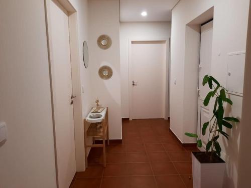 un corridoio con bagno con lavandino e pianta di Casa da Dina a Ponte de Lima