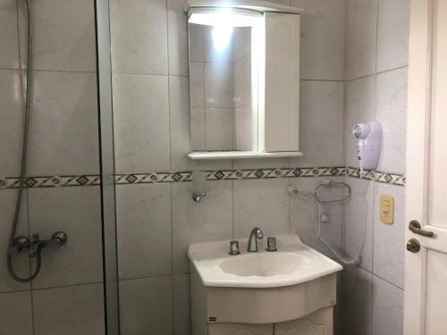 a bathroom with a sink and a shower with a mirror at Escápate a Mendoza !! Apartamento SAN MARTIN in Godoy Cruz