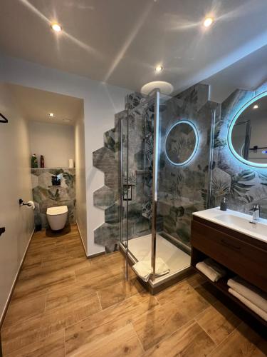 een badkamer met een douche en een wastafel bij DayNight Sauveniere in Luik