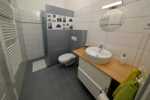 uma casa de banho com um lavatório, um WC e um espelho. em Budapest Eye Apartment em Budapeste