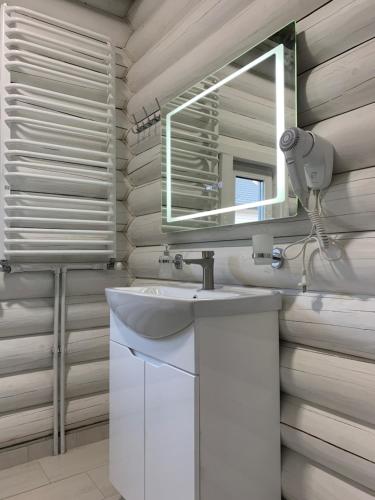 a bathroom with a sink and a mirror at Villa Olexandr&Matvii in Bukovel