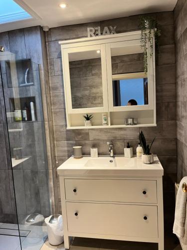 a bathroom with a sink and a shower at Beautiful Riverside Retreat in Blackwater, Wexford in Blackwater