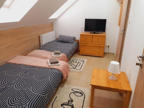 two beds in a room with a tv and a table at Abra-fed apartament Kalinówka in Lublin