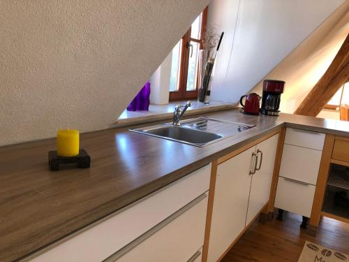 a kitchen with a sink and a counter top at Fewo Pflaumi 1 in Gunzenhausen