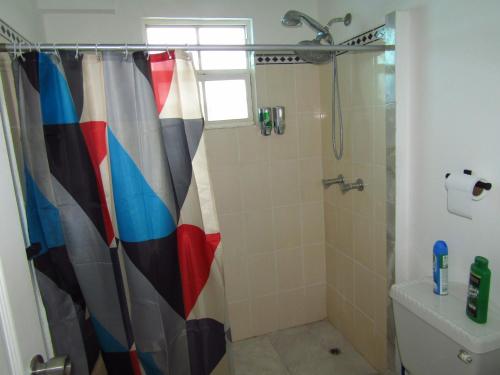 ein Badezimmer mit einer Dusche mit einem farbenfrohen Duschvorhang in der Unterkunft Dover Apt 3 by the beach in the Gap in Christchurch