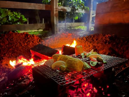 una parrilla con algo de comida encima del fuego en La Villa Hortensia-Mondulkiri en Phumĭ Pu Pal