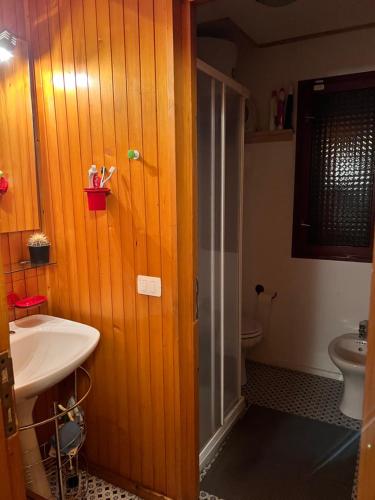 a bathroom with a sink and a shower and a toilet at La Baita del Convento - Il tuo rifugio sull'Etna in Nicolosi