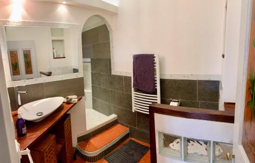 a bathroom with a sink and a mirror at Le Logis des Cascades1 in Moustiers-Sainte-Marie