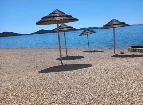 a group of umbrellas on a beach near the water at Hollers Holiday Homes Haus Oli in Drage