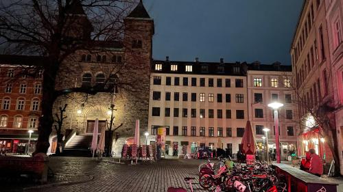 un grupo de bicicletas estacionadas frente a un edificio en City Centre en Copenhague
