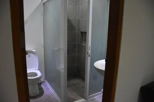a bathroom with a toilet and a sink at Lovely 2-bedroom hotspring resort in Calamba