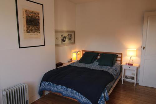 布魯塞爾的住宿－Serbie 21，一间卧室配有一张带黑色床单和绿色枕头的床。