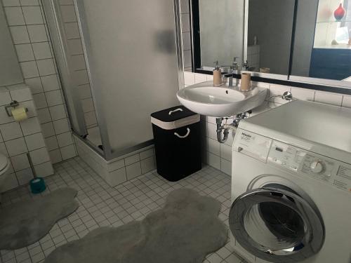 a bathroom with a washing machine and a sink at Luxus 2 Zimmer Ferienwohnung in Lauchheim