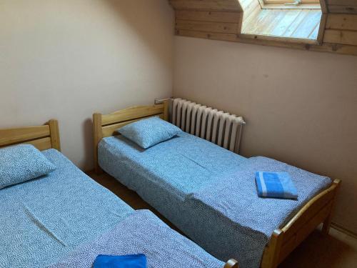 apartament Na Poddaszu في ترسنا: سريرين في غرفة ذات أغطية زرقاء ونافذة