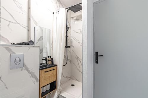 a bathroom with a shower and a mirror at Tête d'or park, Zen & elegant in Villeurbanne