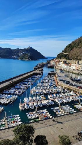 an aerial view of a marina with boats in the water at Spacious Confortable Next Beach and Pintxos Area in Donostia-San Sebastián