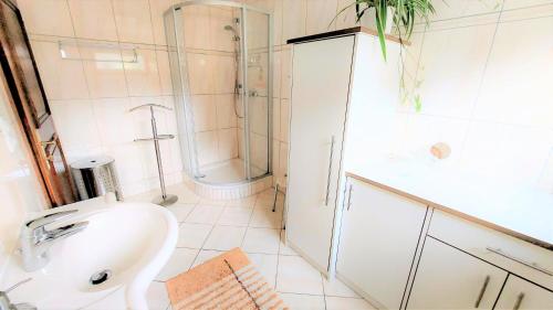ein Bad mit einer Dusche, einem Waschbecken und einem WC in der Unterkunft Schernthaner in Taxenbach