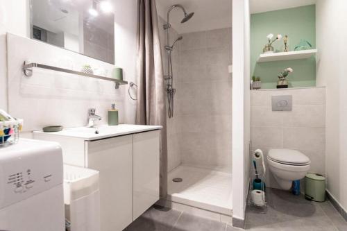 a bathroom with a toilet and a sink and a shower at Studio cosy au coeur de l'Ecusson - Arènes à 2 min in Nîmes