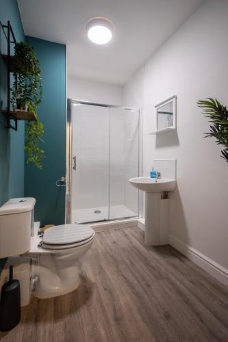 een badkamer met een douche, een toilet en een wastafel bij Bank Street Apartment 8 in Blackpool