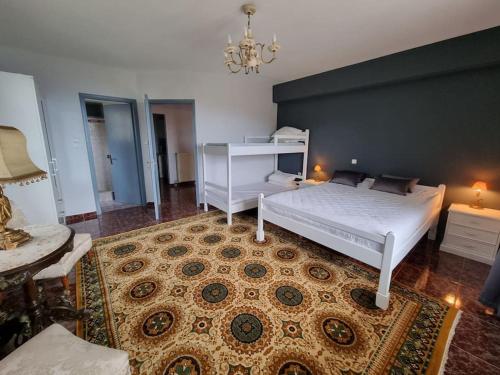 a bedroom with two beds and a chandelier at Panorama in Arachova