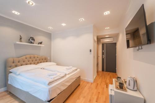 sypialnia z dużym łóżkiem i telewizorem w obiekcie Cool Boutique Apartments - Leopoldstadt w Wiedniu