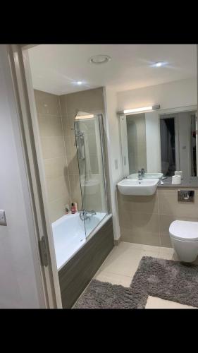 a bathroom with a shower and a tub and a sink at Iflex in Abbey Wood