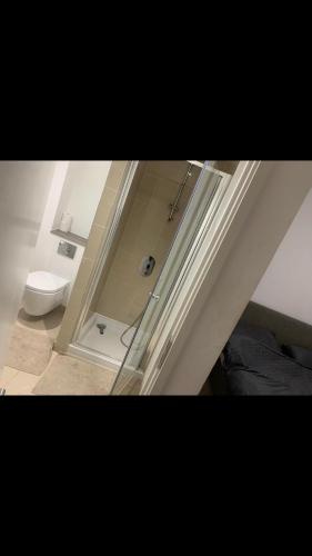 uma casa de banho com um chuveiro, um WC e um espelho. em Iflex em Abbey Wood