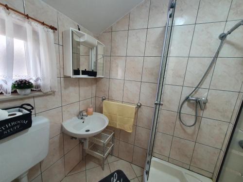 a bathroom with a shower and a sink at Apartment Selak in Šibenik