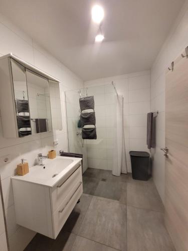 a white bathroom with a sink and a mirror at Ferienwohnung Hanek in Annweiler am Trifels