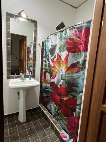 a bathroom with a sink and a flower shower curtain at Puesta del Sol in Quepos