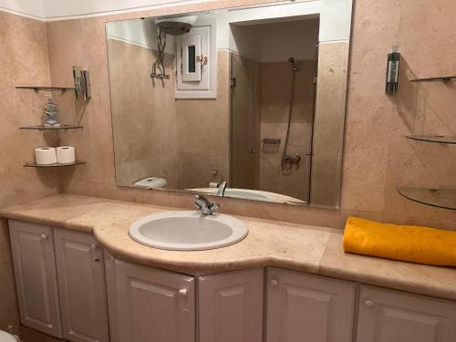 a bathroom counter with a sink and a mirror at South Marina Apartment Wi-Fi available in Hurghada