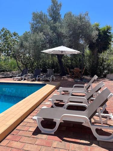 a group of lounge chairs and an umbrella next to a pool at Beautiful private Villa with pool, Boliqueime, Loulé in Boliqueime
