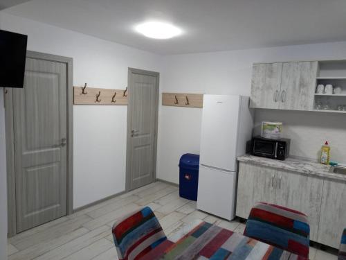 uma cozinha com um frigorífico e 2 cadeiras em Enduro Transalpina em Obarsia Lotrului