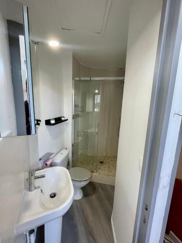 La salle de bains est pourvue de toilettes, d'un lavabo et d'une douche. dans l'établissement *NOUVEAU*Appartement lumineux centre Blaye, à Blaye