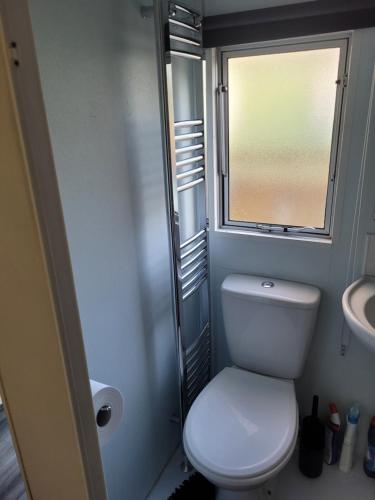 a small bathroom with a toilet and a window at The Rabbit Hill Holiday Home in Ballantrae