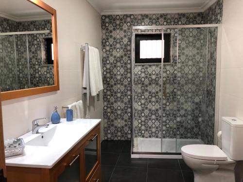 a bathroom with a shower and a sink and a toilet at Casa da Forja in Aldeia das Dez