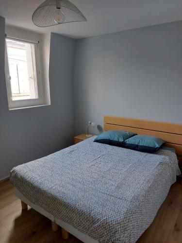 Un dormitorio con una cama con almohadas azules y una ventana en Maison familiale centre ville avec Parking, en Le Mans