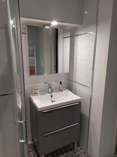 a bathroom with a sink and a mirror at Maison familiale centre ville avec Parking in Le Mans