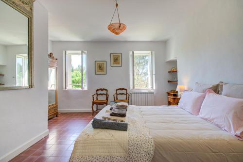 ein Schlafzimmer mit einem großen Bett und zwei Fenstern in der Unterkunft Les Chambres du Perussier in Cucuron