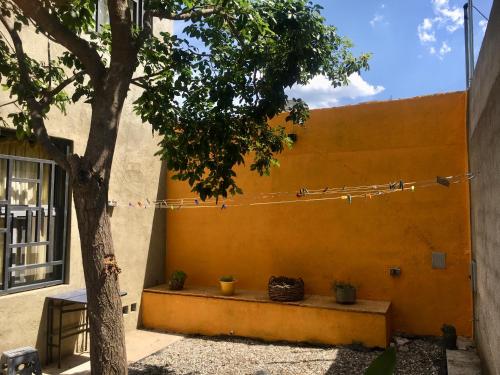 Una pared con un banco con un árbol delante. en Arroyo en Alta Gracia