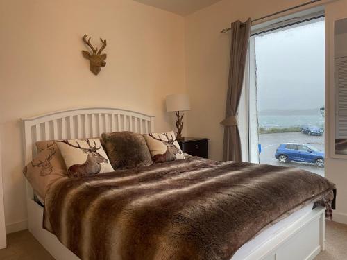 um quarto com uma cama grande e uma janela grande em Hector's Bothy flat em Kyle of Lochalsh