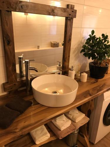 a bathroom with a white sink and a mirror at Koliba 30svibnja in Perušić