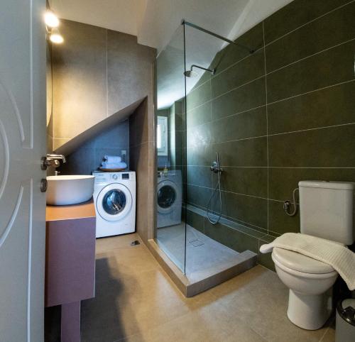a bathroom with a toilet and a washing machine at Knots apartments in Ágios Nikólaos