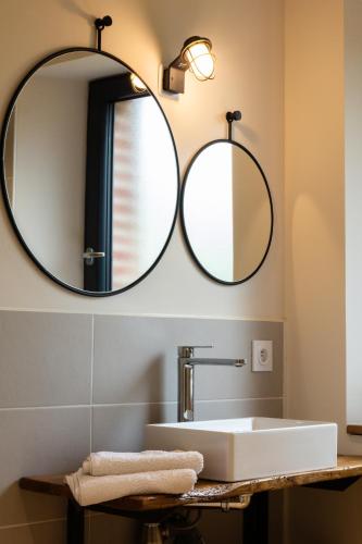 two mirrors above a white sink in a bathroom at Villa Peyrigué in Seysses-Savès