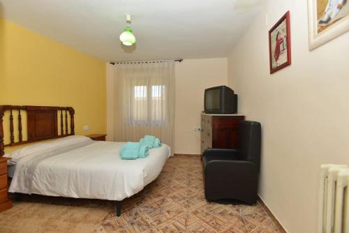 a bedroom with a bed and a chair and a television at Astorga. León. Piscina. Casa Val de San Lorenzo. in Val de San Lorenzo