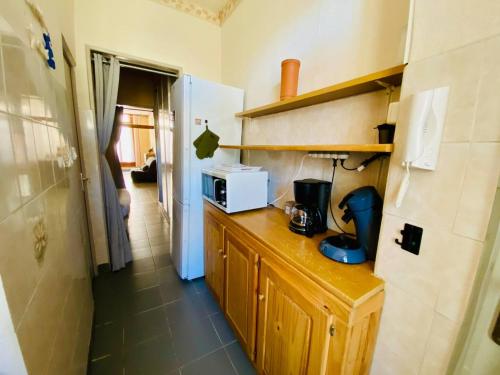 une cuisine avec un comptoir avec un micro-ondes dans l'établissement Ô coeur de Sète - T2 climatisé avec terrasse - 2 **, à Sète