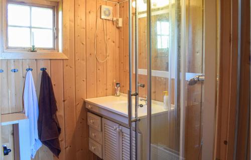 W łazience znajduje się prysznic i umywalka. w obiekcie 3 Bedroom Amazing Home In Nord-torpa w mieście Nord Torpa