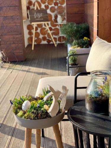 a bowl of plants on a table next to a chair at Chalupa Adamův Dvůr in Zdíkov