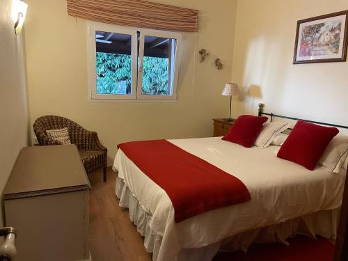 a bedroom with a bed with red pillows and a window at Los Jazmines in Agaete